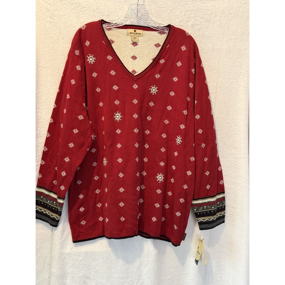 Woolrich Women Ramie Cotton Red V-Neck Sweater Snowflake Embroidery Christmas XL